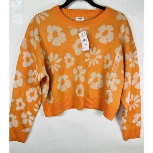 Cotton On Flower Power Manderine Sweater Sz L Orange Pullover Daisy Hippy Chic